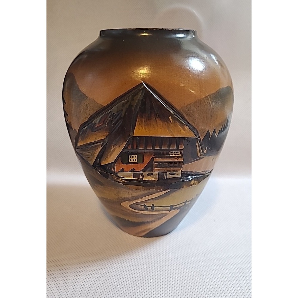 Handarbeit Black Forest German Hand Carved‎ Painted 3D Wood Vase Vintage